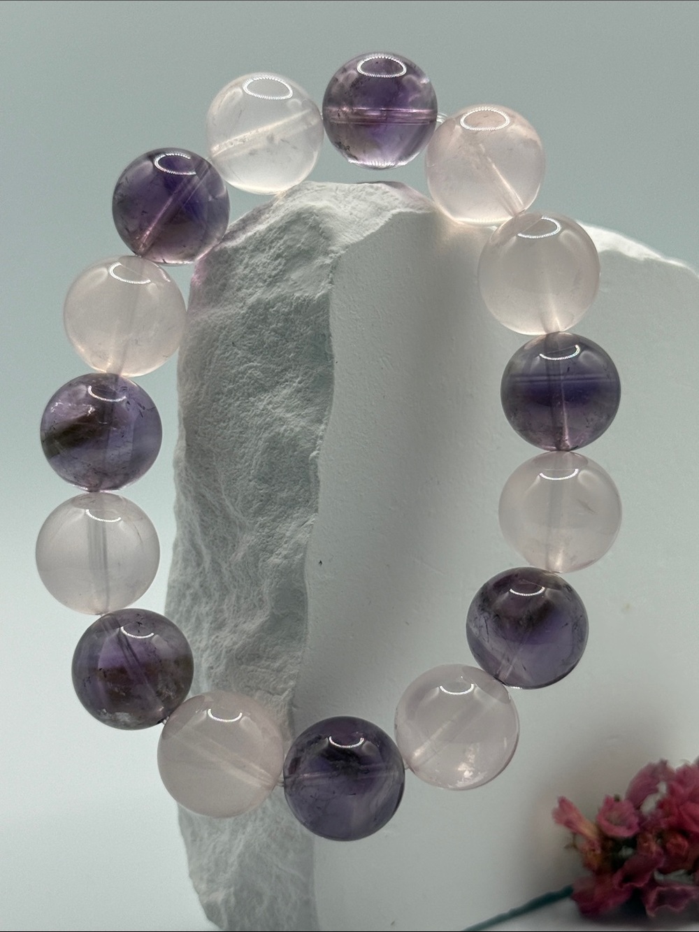 Amethyst & Rose Quartz Beaded Stretch Bracelet - Purple and Pink